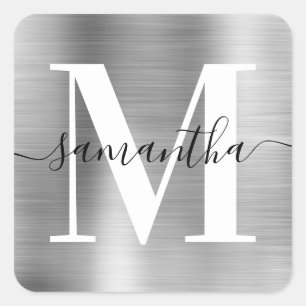 Elegant Signature Modern Monogram Silver Foil Square Sticker