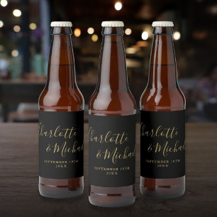 Elegant Signature Script Black And Gold Wedding Beer Bottle Label