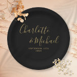 Elegant Signature Script Black And Gold Wedding Paper Plate<br><div class="desc">Elegant signature black and gold wedding paper plates personalised with signature style names and your special wedding date. Designed by Thisisnotme©</div>