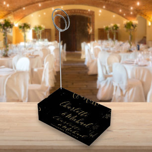 Elegant Signature Script Black And Gold Wedding Place Card Holder