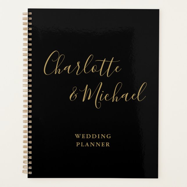 Elegant Signature Script Black And Gold Wedding Planner (Front)