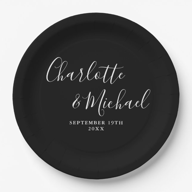 Elegant Signature Script Black And White Wedding Paper Plate (Front)