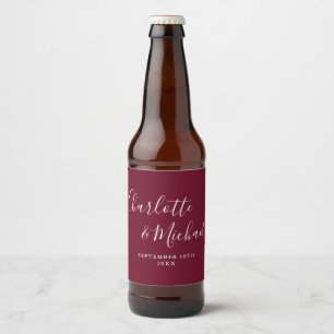 Elegant Signature Script Burgundy Wedding Beer Bottle Label