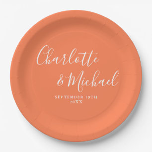 Elegant Signature Script Coral Wedding Paper Plate