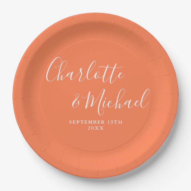 Elegant Signature Script Coral Wedding Paper Plate (Front)