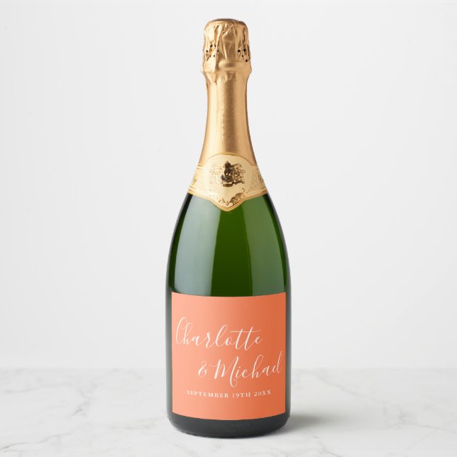 Elegant Signature Script Coral Wedding Sparkling Wine Label (Front)