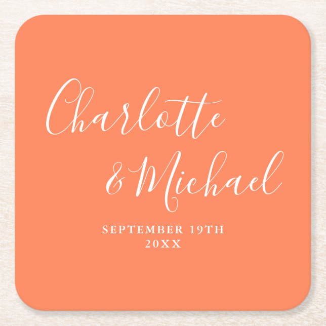 Elegant Signature Script Coral Wedding Square Paper Coaster (Front)