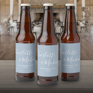 Elegant Signature Script Dusty Blue Wedding Beer Bottle Label