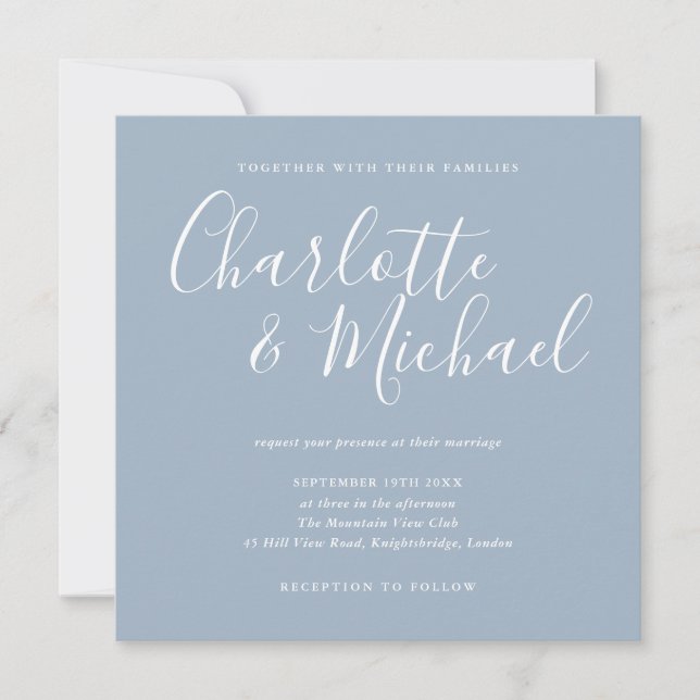 Elegant Signature Script Dusty Blue Wedding Invitation (Front)