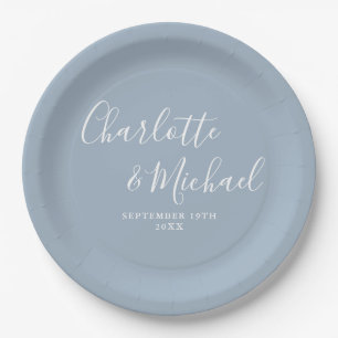 Elegant Signature Script Dusty Blue Wedding Paper Plate