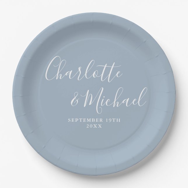 Elegant Signature Script Dusty Blue Wedding Paper Plate (Front)