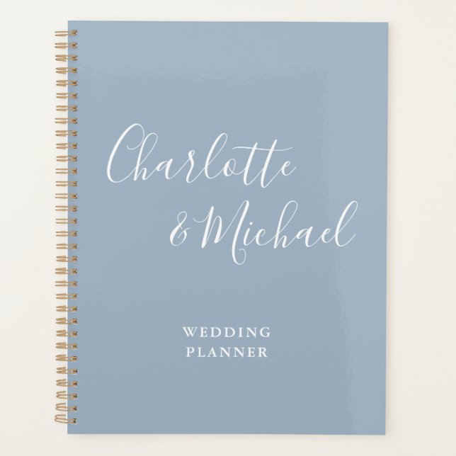 Elegant Signature Script Dusty Blue Wedding Planner (Front)