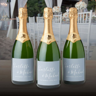 Elegant Signature Script Dusty Blue Wedding Sparkling Wine Label