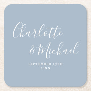 Elegant Signature Script Dusty Blue Wedding Square Paper Coaster