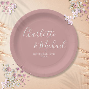 Elegant Signature Script Dusty Rose Wedding Paper Plate