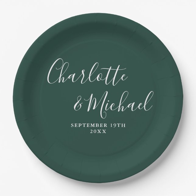 Elegant Signature Script Emerald Green Wedding Paper Plate (Front)