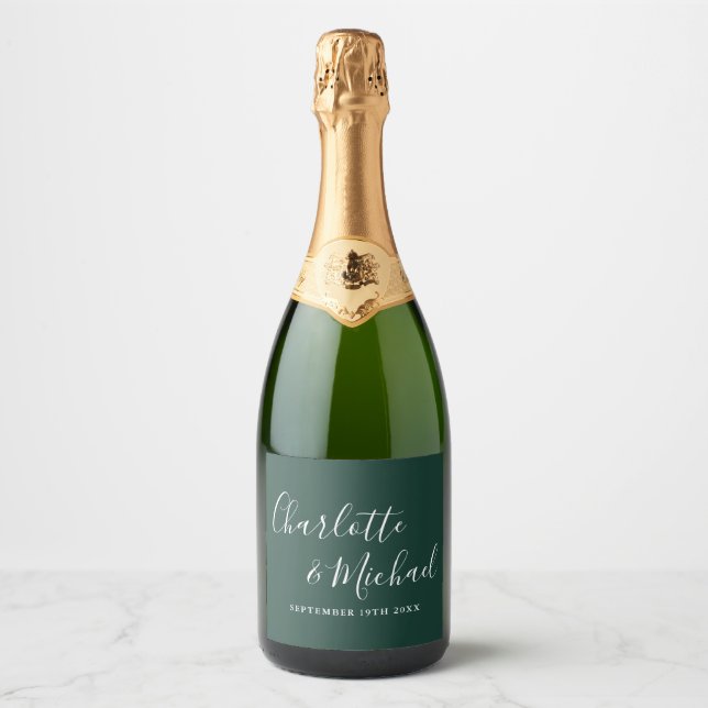 Elegant Signature Script Emerald Green Wedding Sparkling Wine Label (Front)