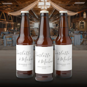 Elegant Signature Script Gray And White Wedding Beer Bottle Label