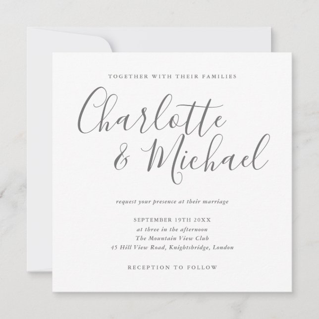 Elegant Signature Script Gray And White Wedding Invitation (Front)