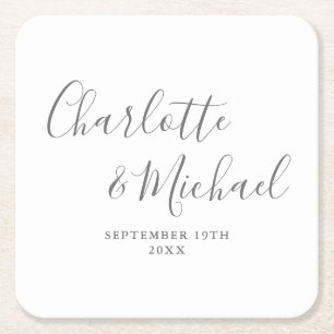 Elegant Signature Script Gray And White Wedding Square Paper Coaster