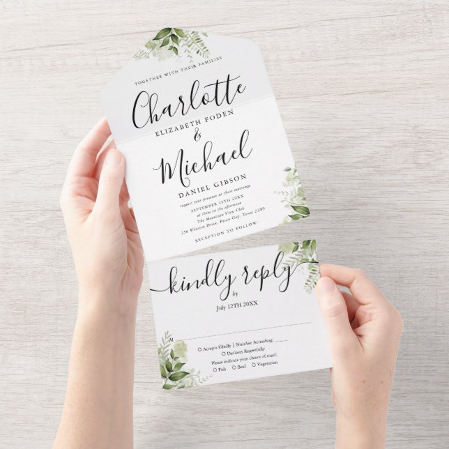 Elegant Signature Script Greenery Leaves Wedding All In One Invitation (Tearaway)
