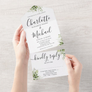 Elegant Signature Script Greenery Leaves Wedding All In One Invitation