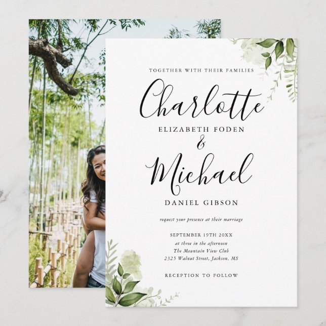 Elegant Signature Script Greenery Photo Wedding Invitation (Front/Back)