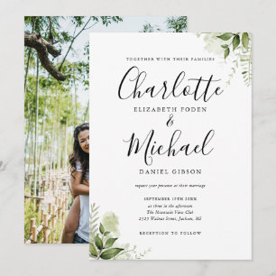 Elegant Signature Script Greenery Photo Wedding Invitation