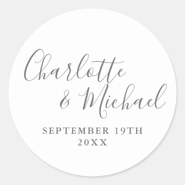 Elegant Signature Script Grey And White Classic Round Sticker (Front)
