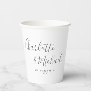 Elegant Signature Script Grey And White Wedding Paper Cups