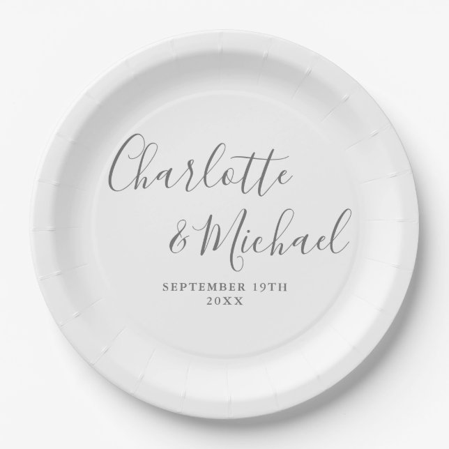 Elegant Signature Script Grey And White Wedding Paper Plate (Front)