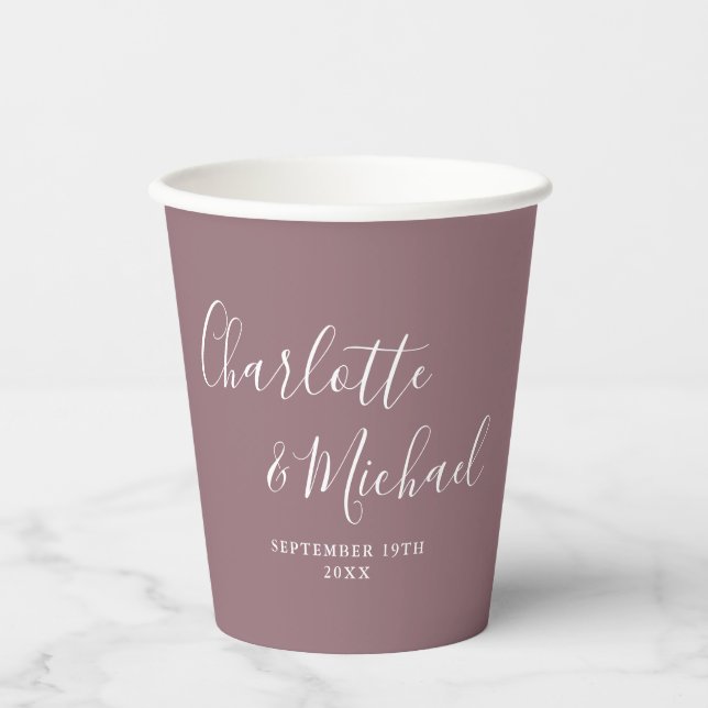 Elegant Signature Script Mauve Wedding Paper Cups (Front)