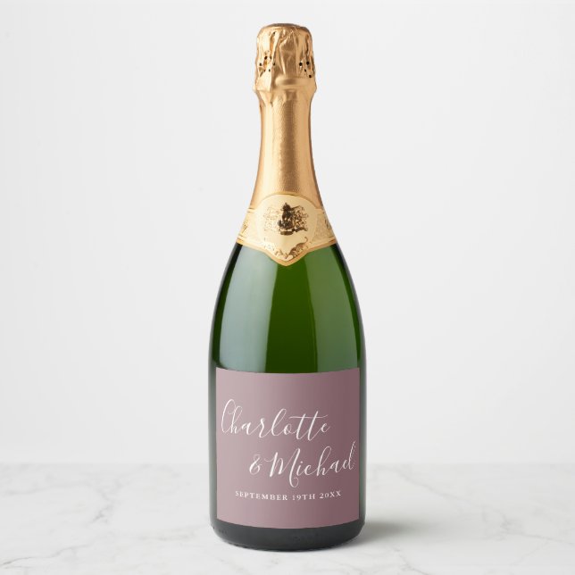 Elegant Signature Script Mauve Wedding Sparkling Wine Label (Front)
