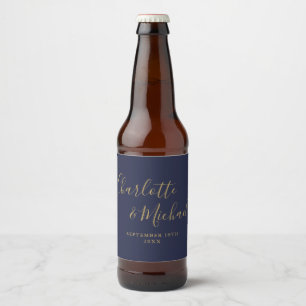 Elegant Signature Script Navy Blue Gold Wedding Beer Bottle Label