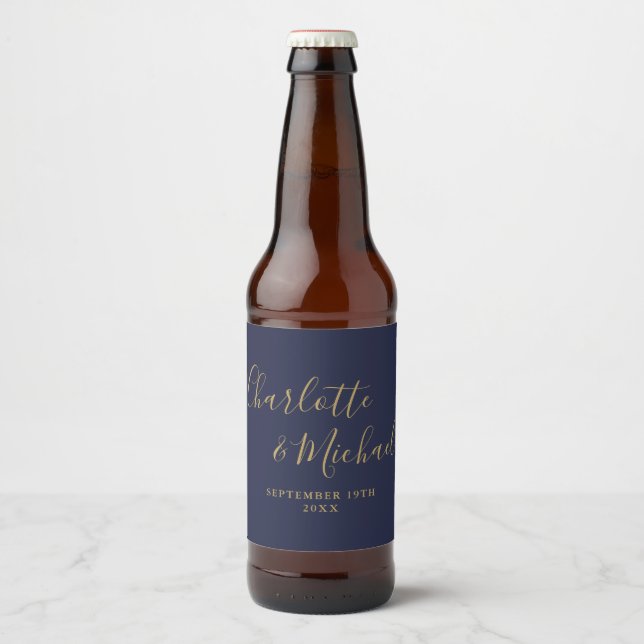 Elegant Signature Script Navy Blue Gold Wedding Beer Bottle Label (Front)