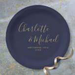Elegant Signature Script Navy Blue Gold Wedding Paper Plate<br><div class="desc">Elegant signature navy blue and gold wedding plate personalized with signature style names and your special wedding date. Designed by Thisisnotme©</div>