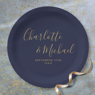 Elegant Signature Script Navy Blue Gold Wedding Paper Plate