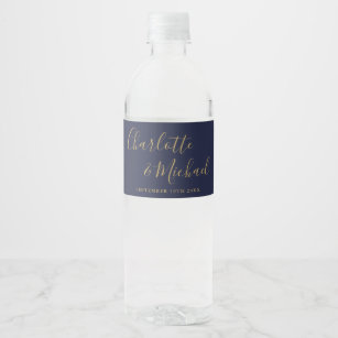 Elegant Signature Script Navy Blue Gold Wedding Water Bottle Label