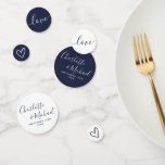 Elegant Signature Script Navy Blue Wedding Confetti<br><div class="desc">Elegant signature navy blue wedding table confetti personalised with signature style names,  special wedding date and message. Designed by Thisisnotme©</div>