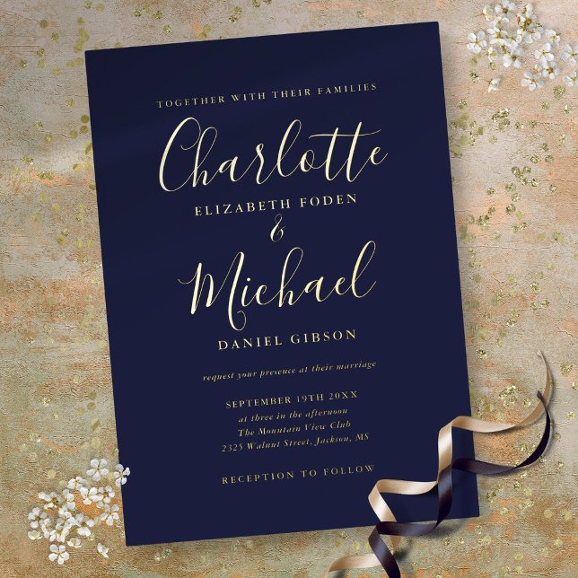 Elegant Signature Script Navy Blue Wedding Gold (Elegant Signature Script Navy Blue Wedding Gold Foil Invitation)