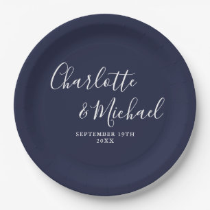 Elegant Signature Script Navy Blue Wedding Paper Plate