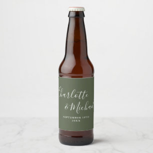 Elegant Signature Script Olive Green Wedding Beer Bottle Label