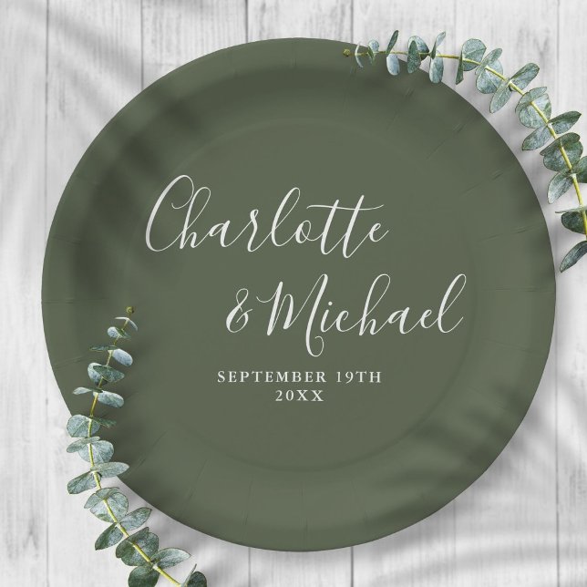 Elegant Signature Script Olive Green Wedding Paper Plate (Elegant Signature Script Olive Green Wedding Paper Plates)