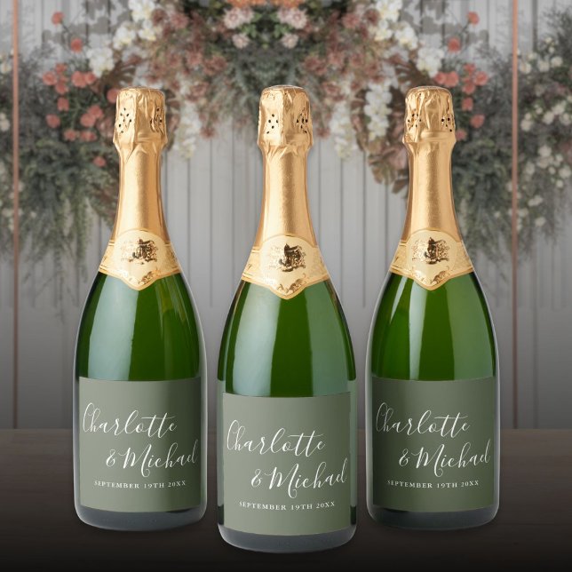 Elegant Signature Script Olive Green Wedding Sparkling Wine Label (Elegant Signature Script Olive Green Wedding Sparkling Wine Label)