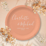 Elegant Signature Script Peach Wedding Paper Plate<br><div class="desc">Elegant signature peach wedding paper plates personalised with signature style names and your special wedding date. Designed by Thisisnotme©</div>