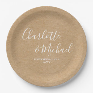 Elegant Signature Script Rustic Kraft Wedding Paper Plate