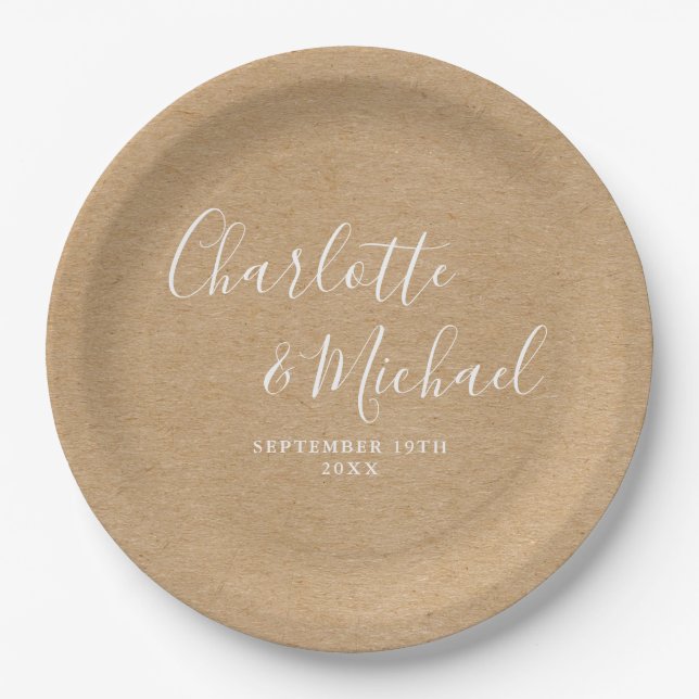 Elegant Signature Script Rustic Kraft Wedding Paper Plate (Front)