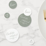 Elegant Signature Script Sage Green Wedding Confetti<br><div class="desc">Elegant signature sage green wedding table confetti personalised with signature style names,  special wedding date and message. Designed by Thisisnotme©</div>