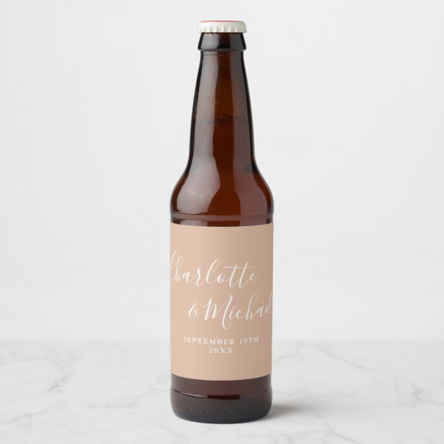 Elegant Signature Script Tan Taupe Wedding Beer Bottle Label (Front)