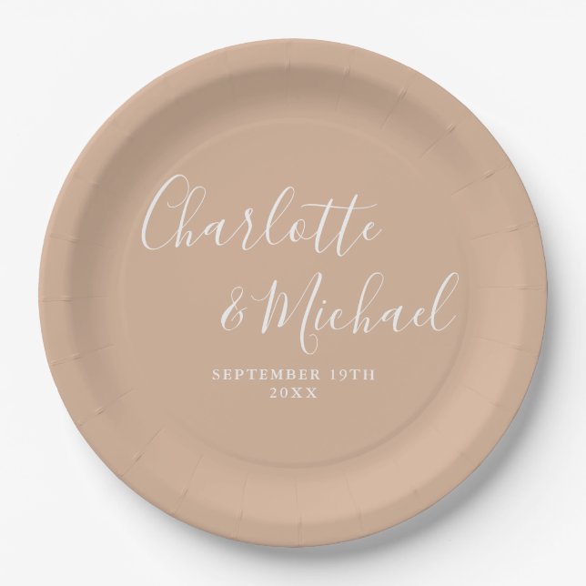 Elegant Signature Script Tan Taupe Wedding Paper Plate (Front)